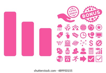 Bar Chart Decrease pictograph with bonus pictograph collection. Vector illustration style is flat iconic symbols, pink color, white background.