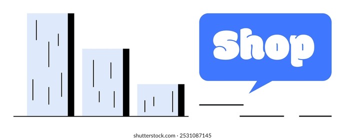 Gráfico de barras con barras decrecientes junto a una burbuja de diálogo azul que contiene el texto. Ideal para datos comerciales, informes de ventas, comercio electrónico, estadísticas minoristas, presentaciones de marketing. Vector simple