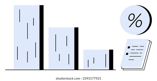 Bar chart decreasing in height, percentage symbol and document with lines. Ideal for business reports, financial analysis, data trends, survey results, academic research, performance metrics