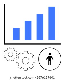 Gráfico de barras que representa la tendencia ascendente con barras azules, dos engranajes y un símbolo humano. Ideal para el crecimiento del negocio, el rendimiento, el trabajo en equipo, el desarrollo, el progreso de la estrategia y los temas de productividad. Metáfora de línea