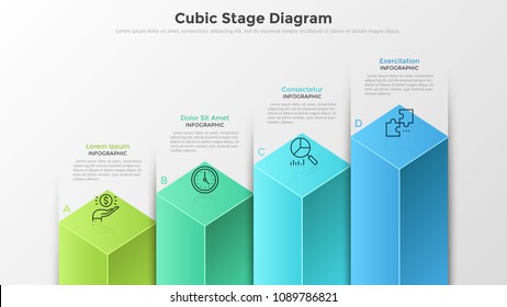 Bar chart or diagram with 4 colorful cubic columns, letters, thin line symbols and text boxes. Concept of four stages of business development. Modern infographic design template. Vector illustration.