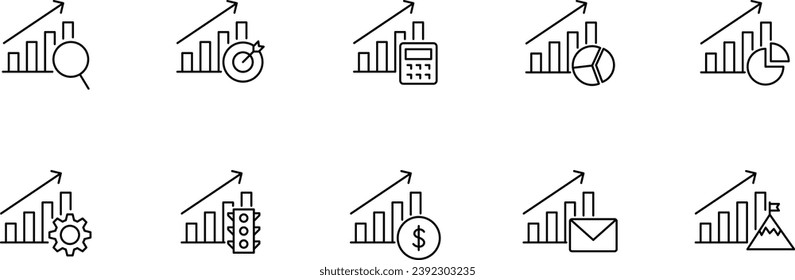 Balkendiagramm mit verschiedenen Symbolen. Schwarzes, flaches Business-Icon.