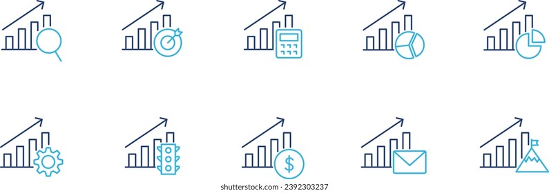 Bar chart with different symbols. Black flat business icon set.