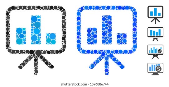 Bar chart display board mosaic of circle elements in various sizes and color tones, based on bar chart display board icon. Vector round elements are united into blue mosaic.