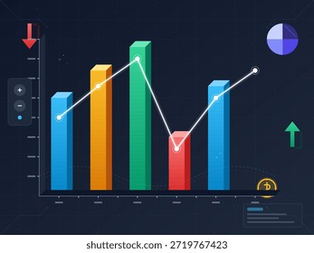 A bar chart displays data represented in vertical columns with different colors. A line graph tracks changes over time. This graphic is used for business analysis in various reports.