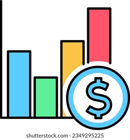 Bar chart with dollar coin. stock market arrow growing pointing up on economic chart graph bars icon trending upwards financial board rises dollar coin.