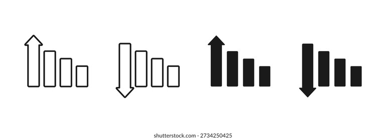 Gráfico de barras com ícone de seta para cima e para baixo em estilo sólido. Representa análise de dados, estatísticas de negócios, tendências de crescimento e declínio, desempenho financeiro, relatórios de análise, métricas e progresso.