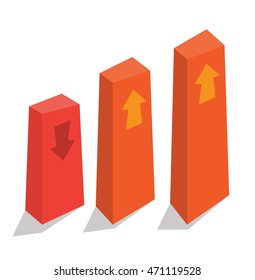 Bar chart with up and down arrows vector. Business presentation. Vector flat design illustration isolated on white background.