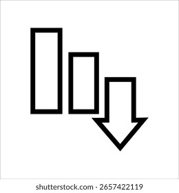 Gráfico de barras con icono de flecha hacia abajo, símbolo de disminución, pérdida financiera o caída de rendimiento.	