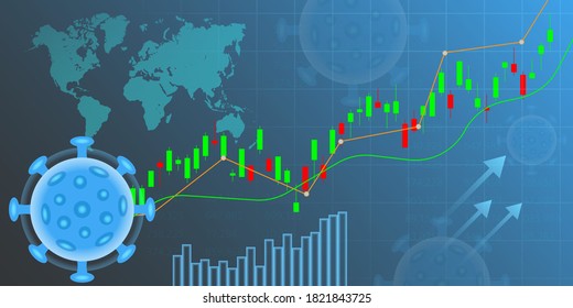 Bar chart economy recovery on the stock exchange because Coronavirus vaccine discovery. Background concept with of coronavirus, world map, bars of chart and candlestick. Vector Illustration.