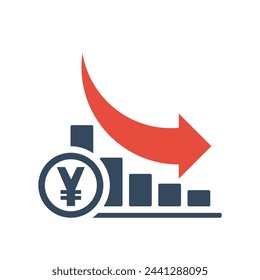 Bar chart with falling exponential trend and red arrow. Yuan negative dynamic concept. Yen positive inflation indicator.