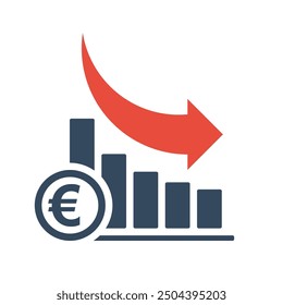 bar chart with falling exponential trend and red arrow, euro negative dynamic concept, european currency positive inflation indicator