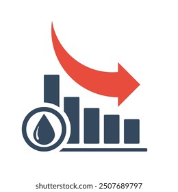 Gráfico de barras con tendencia exponencial descendente y flecha roja, concepto dinámico negativo del Precio de agua, tendencia a la baja de las reservas de petróleo