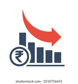 gráfico de barras com tendência exponencial de queda e seta vermelha, conceito dinâmico negativo de rúpia, indicador de inflação positiva de moeda indiana