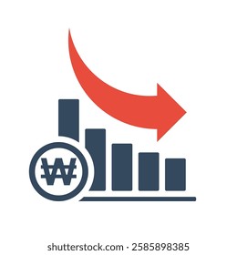 bar chart with falling exponential trend and red arrow, south korea won negative dynamic concept, south korean currency positive inflation indicator