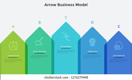 Bar chart with five colorful translucent arrows organized in horizontal row. Creative infographic design template. Business model with 5 strategic steps. Vector illustration for process visualization.