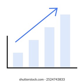 Bar chart with four ascending bars and a blue arrow pointing upward emphasizes growth progress. Ideal for business, finance, success, progress, and analysis. Simple graphic style