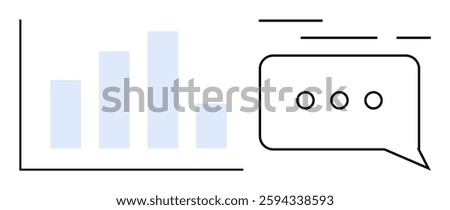 Bar chart with four vertical bars of varying heights and a speech bubble with three dots indicating communication. Ideal for business, data analysis, communication, presentations, marketing