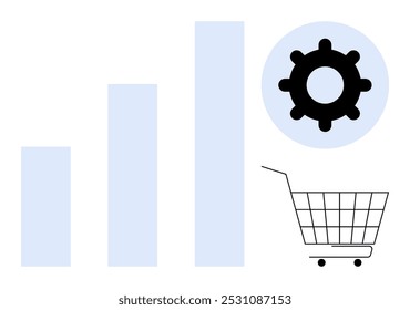O gráfico de barras, o ícone de engrenagem e o carrinho de compras sugerem temas de crescimento da empresa, comércio eletrônico, análise de dados, tecnologia e tendências de mercado. Ideal para apresentações de negócios, análise de mercado e estratégia