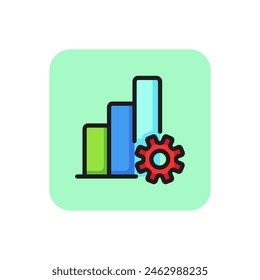 Bar chart with gear line icon. Growth; increase; diagram. Data analysis concept. Can be used for topics like digital technology; programming; research.