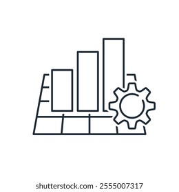 Bar chart with gear. Productivity, efficiency. Vector linear icon isolated on white background.