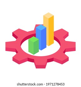 Bar chart with gear, productivity icon in isometric design