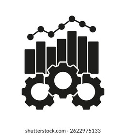 Bar Chart And Gears Solid Icon. Data Analysis, Performance Optimization, And Process Improvement Silhouette Symbol. Business Intelligence And Analytics. Isolated Vector Illustration.