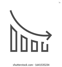 Bar chart or bar graph decreasing vector icon with drop down arrow. Statistical data of stock, financial in business to loss, negative, decline or crisis. Graphic  for report, presentation. 48x48 px.
