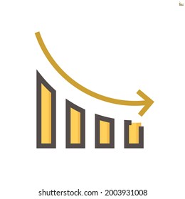 Bar chart or bar graph decreasing vector icon with drop down arrow. Statistical data of stock, financial in business to loss, negative, decline or crisis. Graphic  for report, presentation. 48x48 px.
