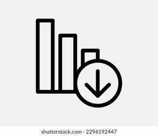 Icono de línea de flecha abajo de gráfico de barras. Depreciar Depreciación Signo lineal de tendencia descendente. Símbolo de reducción de pérdidas. Clipart de ilustración gráfica vectorial