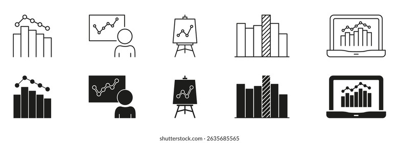 Bar Chart Graph Presentation Icon Set. Data Analysis, Business Reporting, And Statistical Visualization Symbol Collection. Financial And Market Trends. Isolated Vector Illustration.