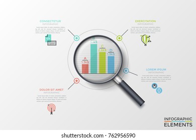 Bar chart or graph seen through magnifying glass, thin line symbols and text boxes. Concept of financial profit or earnings comparison. Modern vector illustration for presentation, brochure, report.