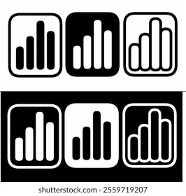 Bar chart graph and signal strength icon set. Vector collection of growth statistics symbols or mobile network connection levels. Business finance and technology interface design elements