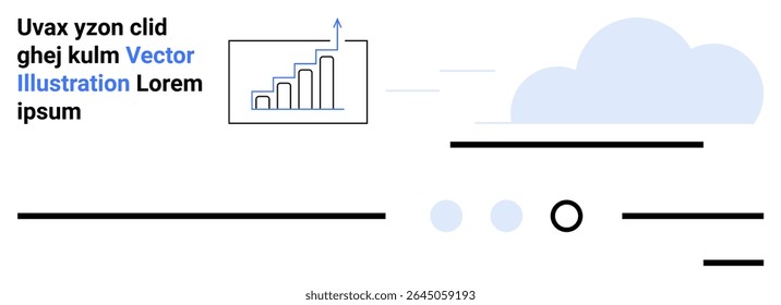 Gráfico de barras com seta de crescimento, nuvem, texto de lorem ipsum, linhas horizontais e círculos. Ideal para negócios, tecnologia, estatística, análise de dados, infográfico, web design, página inicial de minimalismo