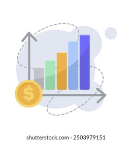 Bar chart with growth arrows and dollar coin. Vector illustration