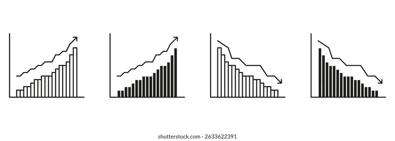 Bar Chart Growth And Decline Line And Solid Icon Set. Financial Performance, Economic Trends, Business Analysis Symbol Collection. Data Visualization And Market Trends. Isolated Vector Illustration.