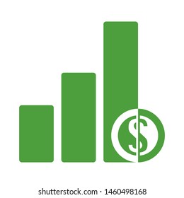 Bar chart growth with dollar sign. green icon.