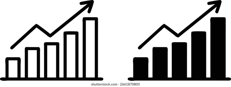 Bar Chart Growth Icon Set with Upward Arrow Outline and Solid Style