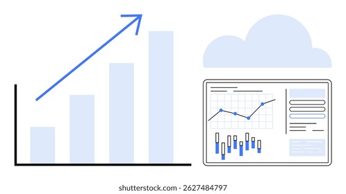 Bar chart with growth trend arrow, cloud symbol, and data dashboard illustrating line graph and bar chart analysis. Ideal for business growth, cloud computing, data analytics, financial reporting