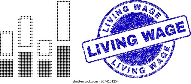 Bar Chart Halftone Dotted Icon With Living Wage Seal Stamp. Blue Vector Round Distress Seal Stamp With Living Wage Phrase Inside Circle Shape. Halftone Bar Chart Icon Array Contains Round Elements.