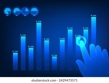 Gráfico de barras con las manos tocando Muestra el crecimiento de la empresa que aumenta las ganancias y pérdidas. Liderazgo de un empresario que está por encima de la competencia