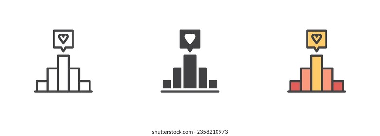 Bar chart and heart different style icon set. Line, glyph and filled outline colorful version, outline and filled vector sign. Achievement symbol, logo illustration. Vector graphics