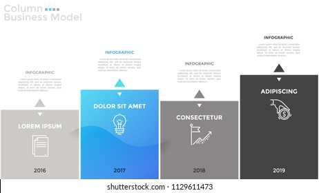 Bar chart or horizontal timeline with 4 rectangular elements, thin line icons and arrows pointing at text boxes. Concept of column business model. Infographic design template. Vector illustration.