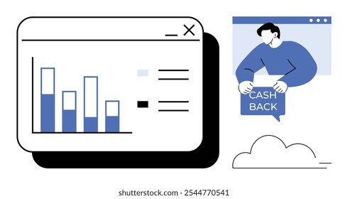 Um gráfico de barras com uma figura humana segurando um sinal de Cash Back. Ideal para dados financeiros, análise de negócios, promoções de cashback, marketing digital, estratégia de investimento. Estilo gráfico simples