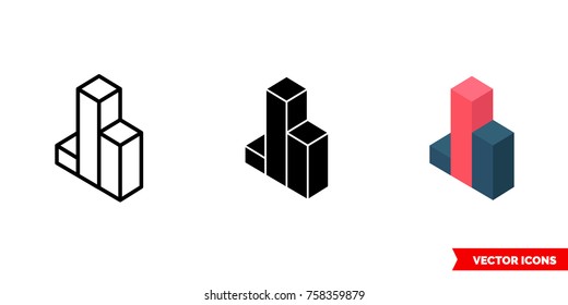 Bar chart icon of 3 types: color, black and white, outline. Isolated vector sign symbol.