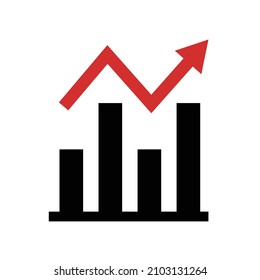 Bar chart icon with ascending red arrow. Vectors.