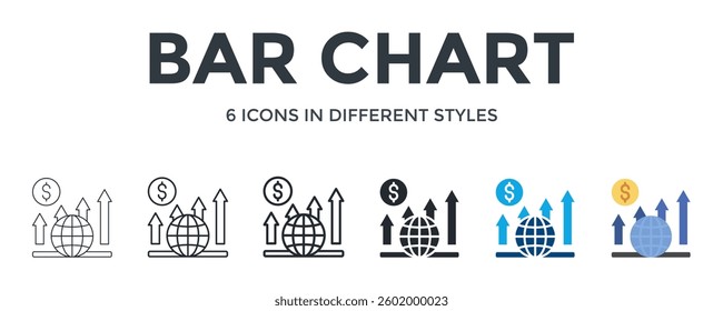 Bar Chart Icon In Different Style Vector Illustration. Designed In Thin Line, Regular Line, Bold Line, Glyph, Color Fill, And Flat Style Can Be Used For Web