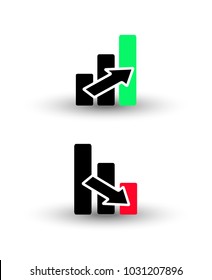 bar chart icon - growing and descending columns, concept of growth profit financial black red and green vector icons with shadow