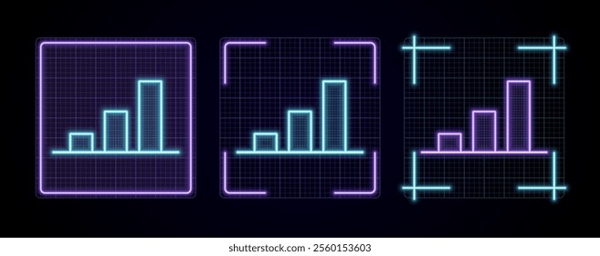 Bar chart icon illustration, cyber neon visual, glowing border grid vector.