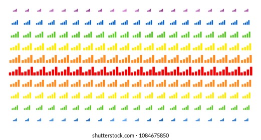 Bar Chart icon spectrum halftone pattern. Vector items organized into halftone matrix with vertical rainbow colors gradient. Constructed for backgrounds, covers, templates and abstraction concepts.